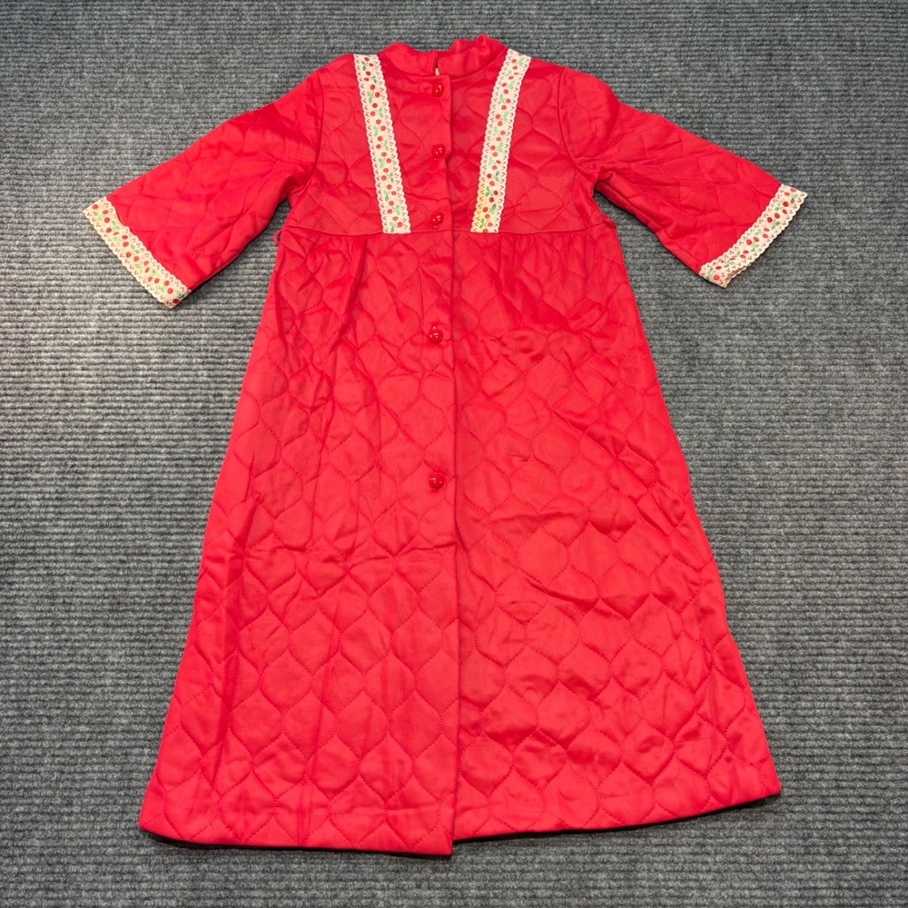 Vintage Sears Kids Red Quilted Robe Cherry Lace Trim‎ Button Front Size M 4-5